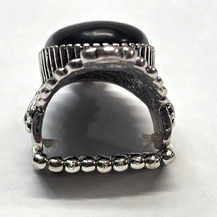 New Huge Ring Women Black Oval Stone Silver Tone Stretch Band Heavy Statement
