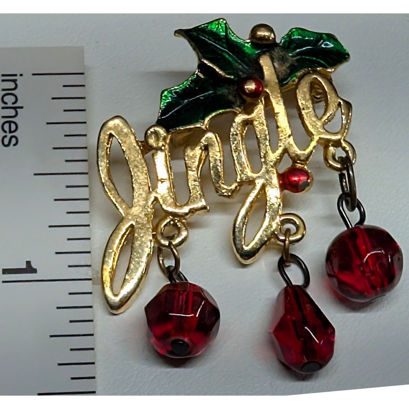 Vintage Jingle Bell Holly Brooch Pins Gold Tone Red Green Holiday Dangle Enamel