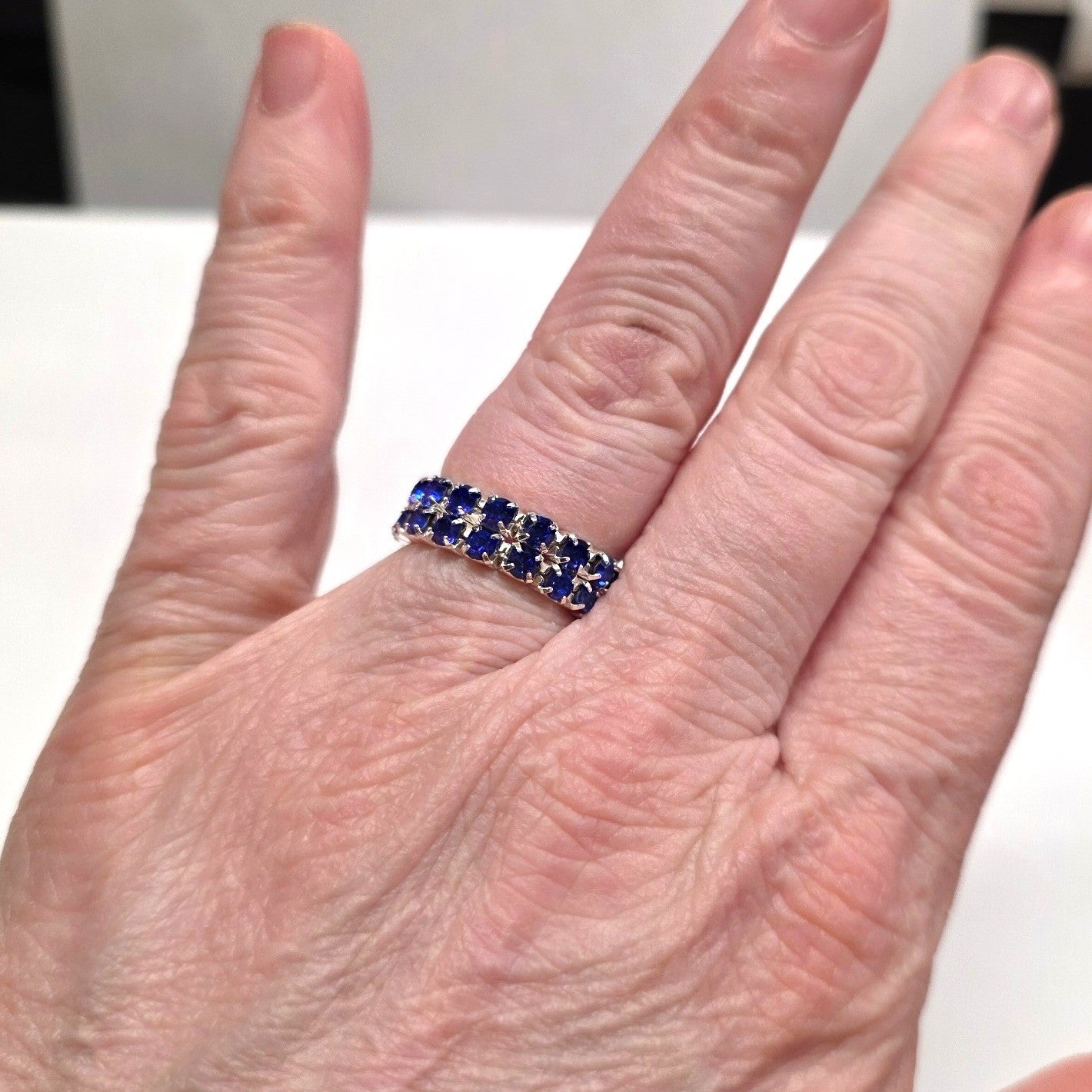 New Blue Rhinestone Stretch Ring Band Two Rows Silver Tone Crystal