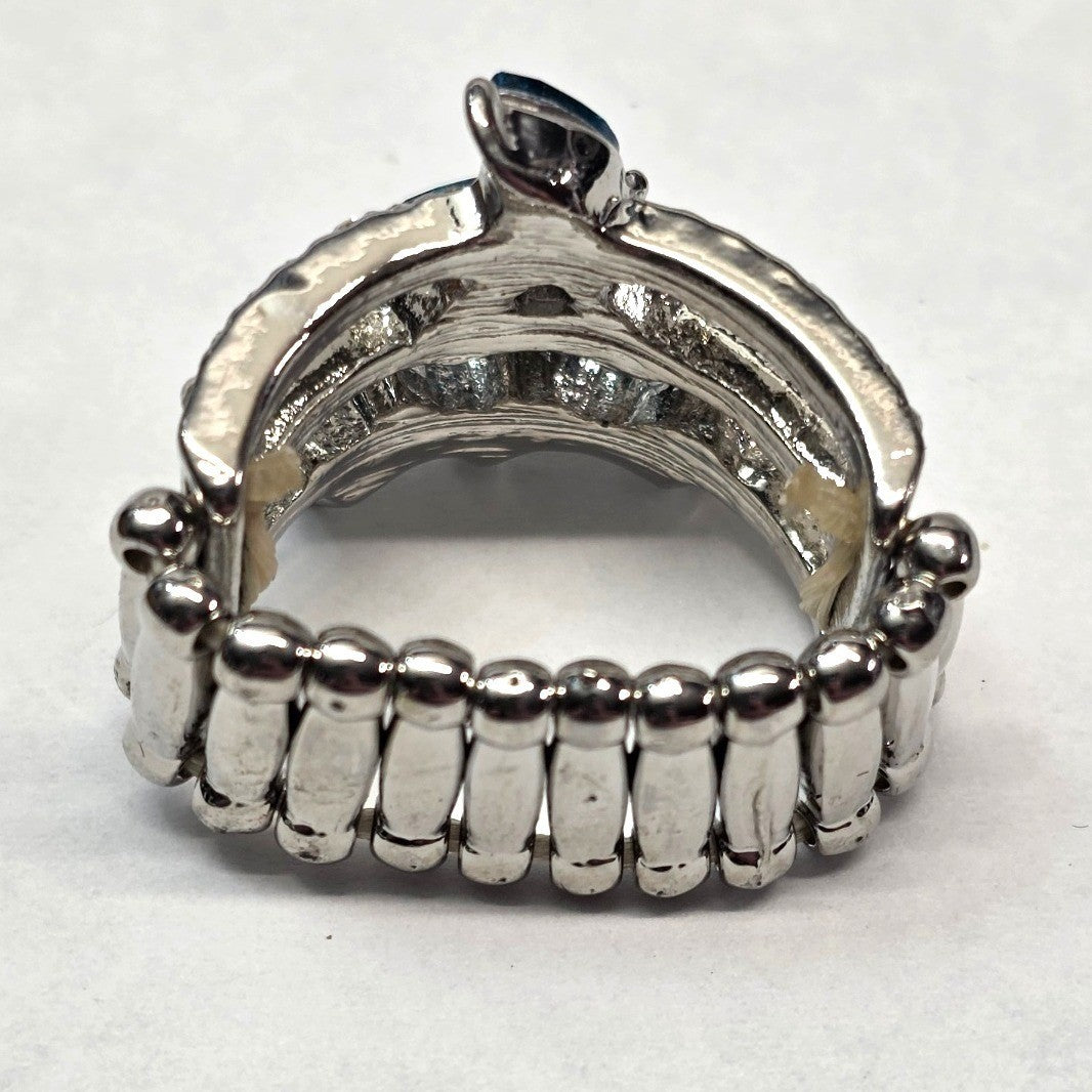 New Teal Blue Clear Rhinestone Stretch Band Ring Plus Size Silver Tone Statement
