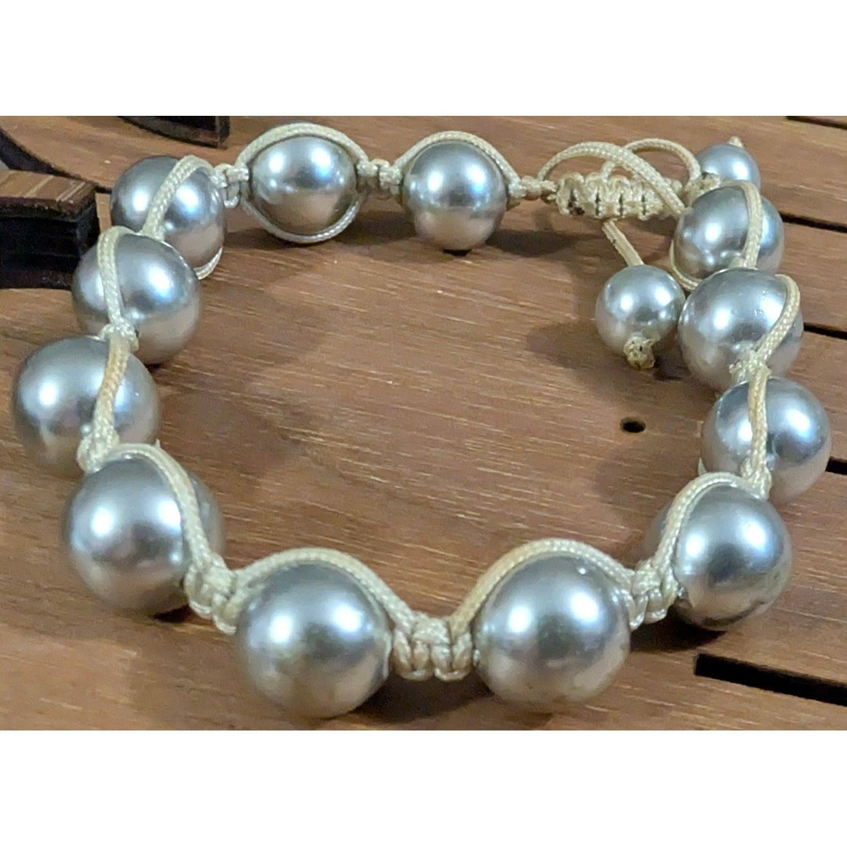 Handmade Macrame Faux Pearl Bracelet Women OS Silver Cream Chunky Beaded Jewelry