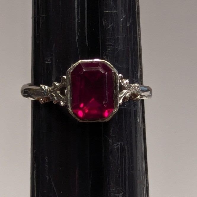 Vintage Uncas Faux Ruby Red Emerald Cut Ring Adjustable Silver Tone Filigree