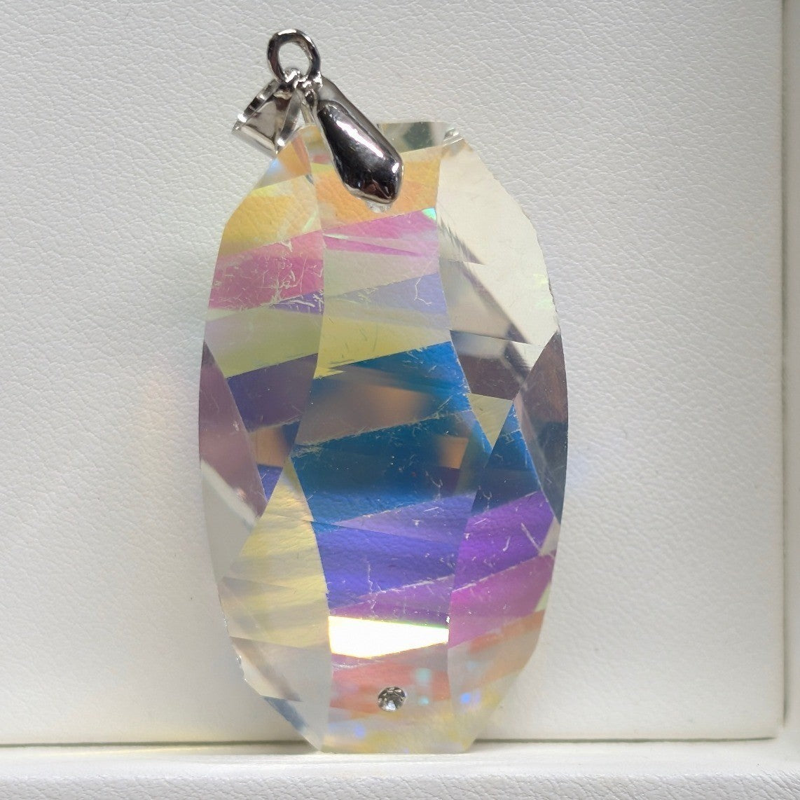 New 2+" Crystal Aurora Borealis Pendant AB Iridescent Large Faceted Silvertone