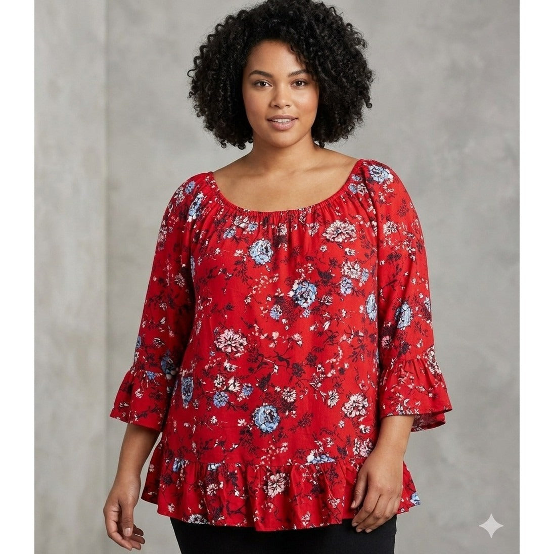 Faded Glory Floral Peasant Top Plus Size XXL 2X XX 20 Red Ruffle Hem Bell Sleeve