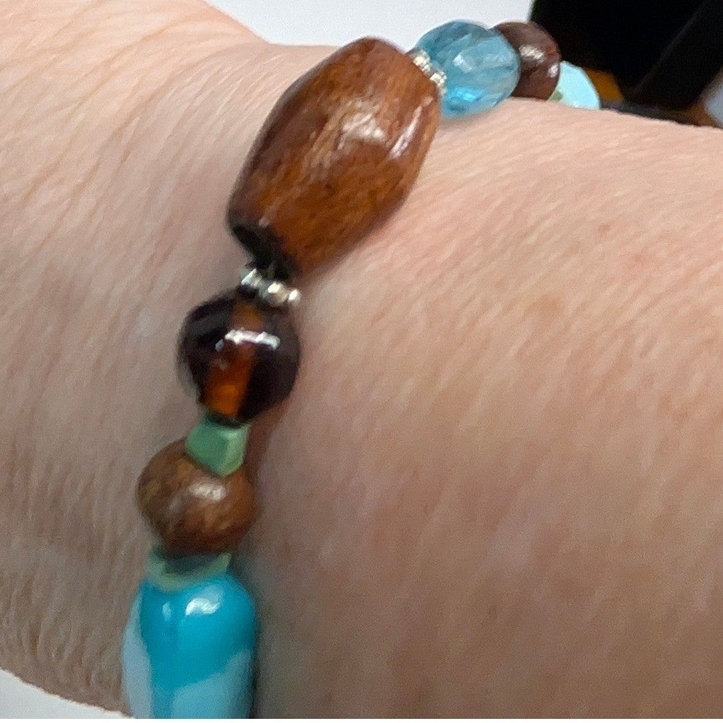 Beaded Stretch Bracelet Blue Brown Wood Glass Stone Beads Boho Eclectic Handmade