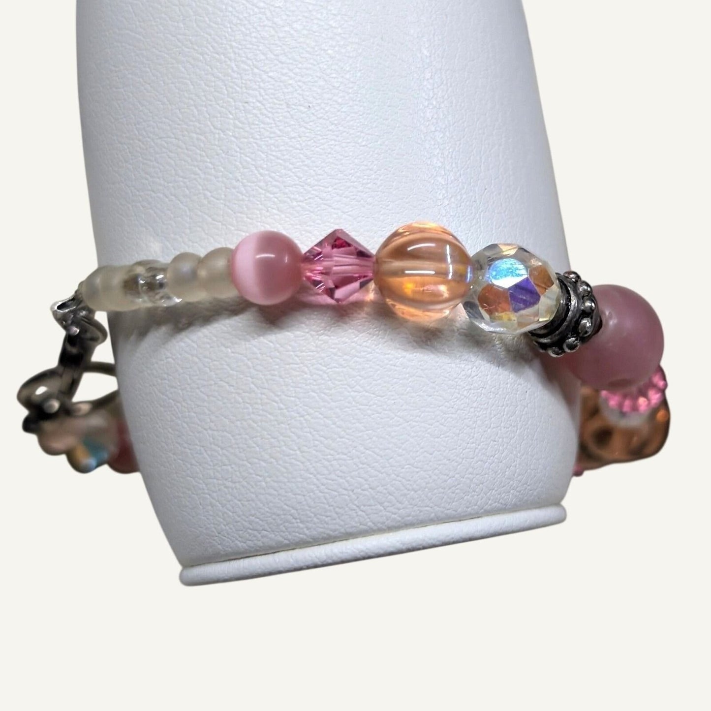 Handmade Pink Beaded Bracelet Pink Cat Eye Silver Tone Crystal Glass 8.5 Large