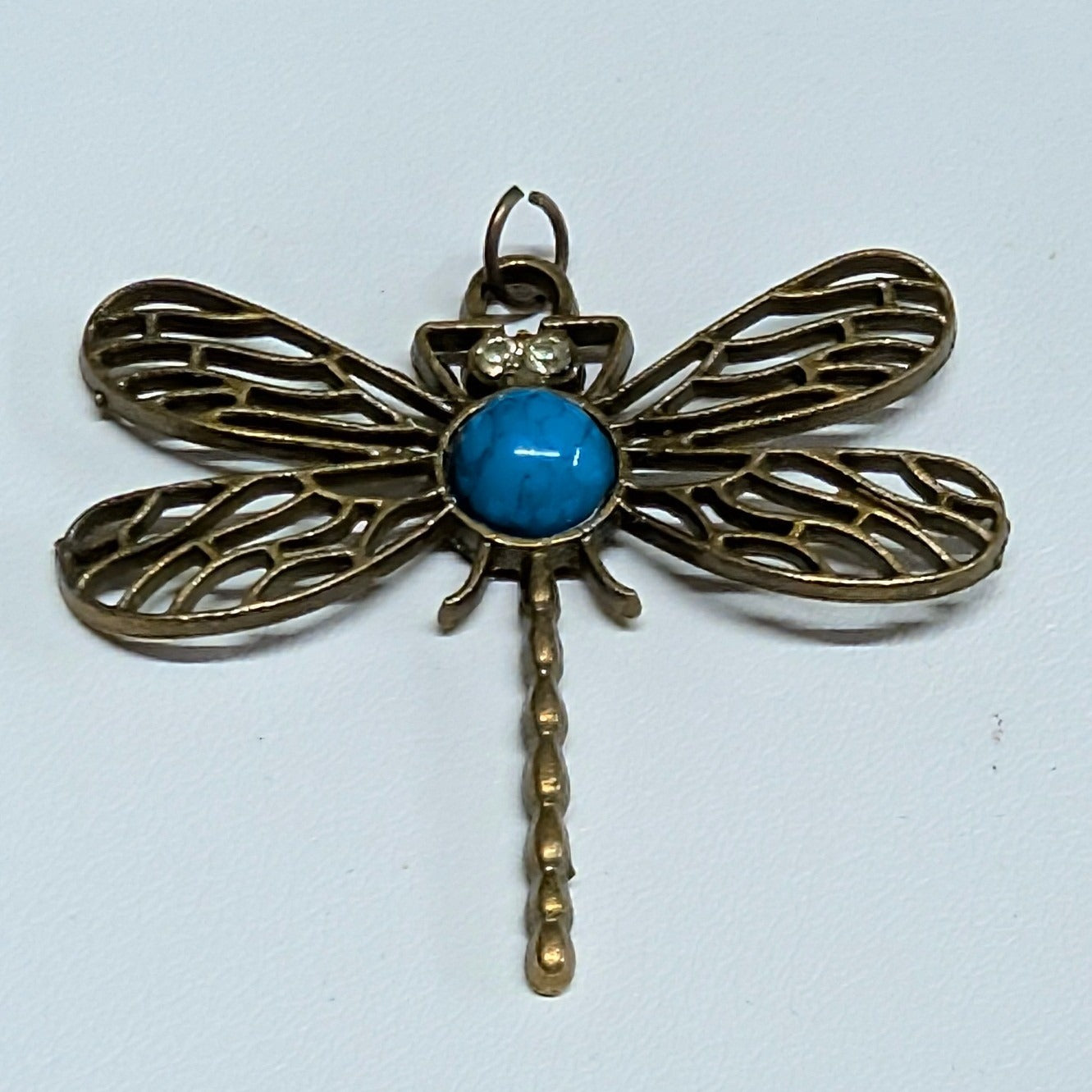 Vtg New Dragonfly Pendant BronzeTone Faux Turquoise Filigree Rhinestone Insect