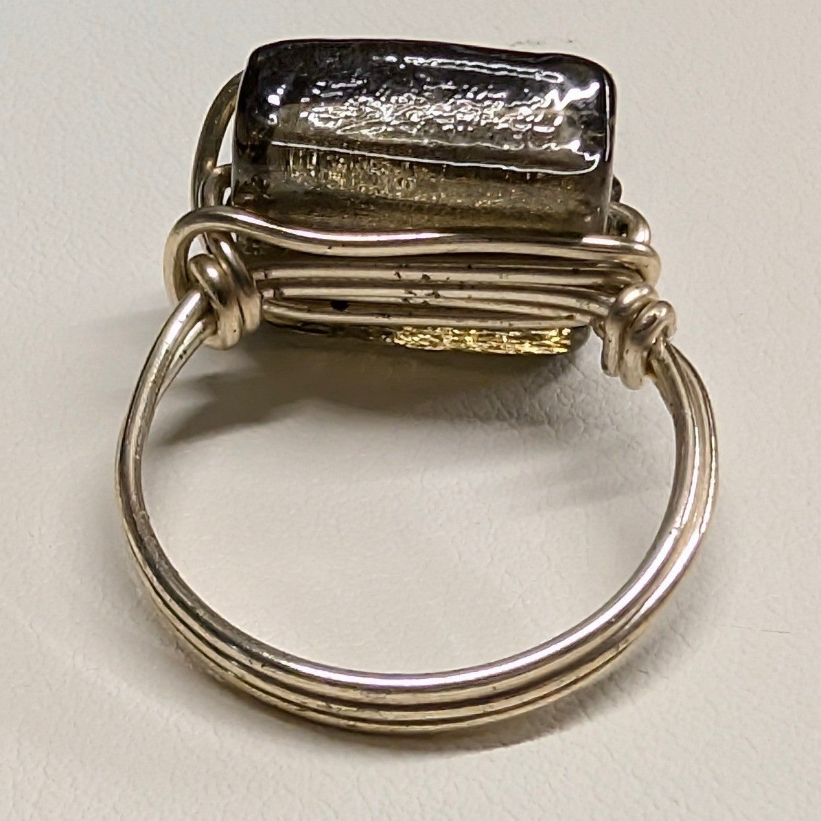 New HandMade Murano Glass Wire Wrapped Ring Sz 9.5 Brown Silvertone Foil Spiral