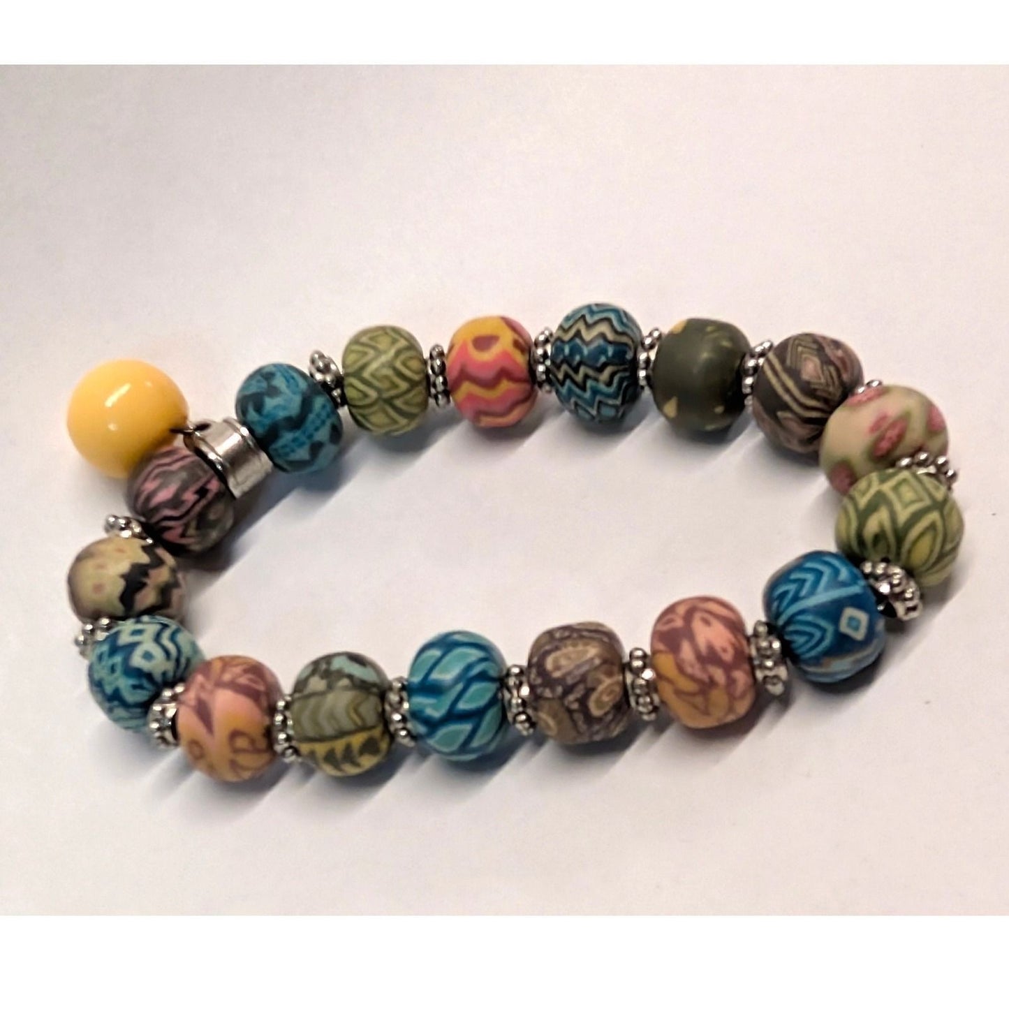 Millefiori Polymer Clay Bead Bracelet Multicolor Handmade Stretch Silver Tone