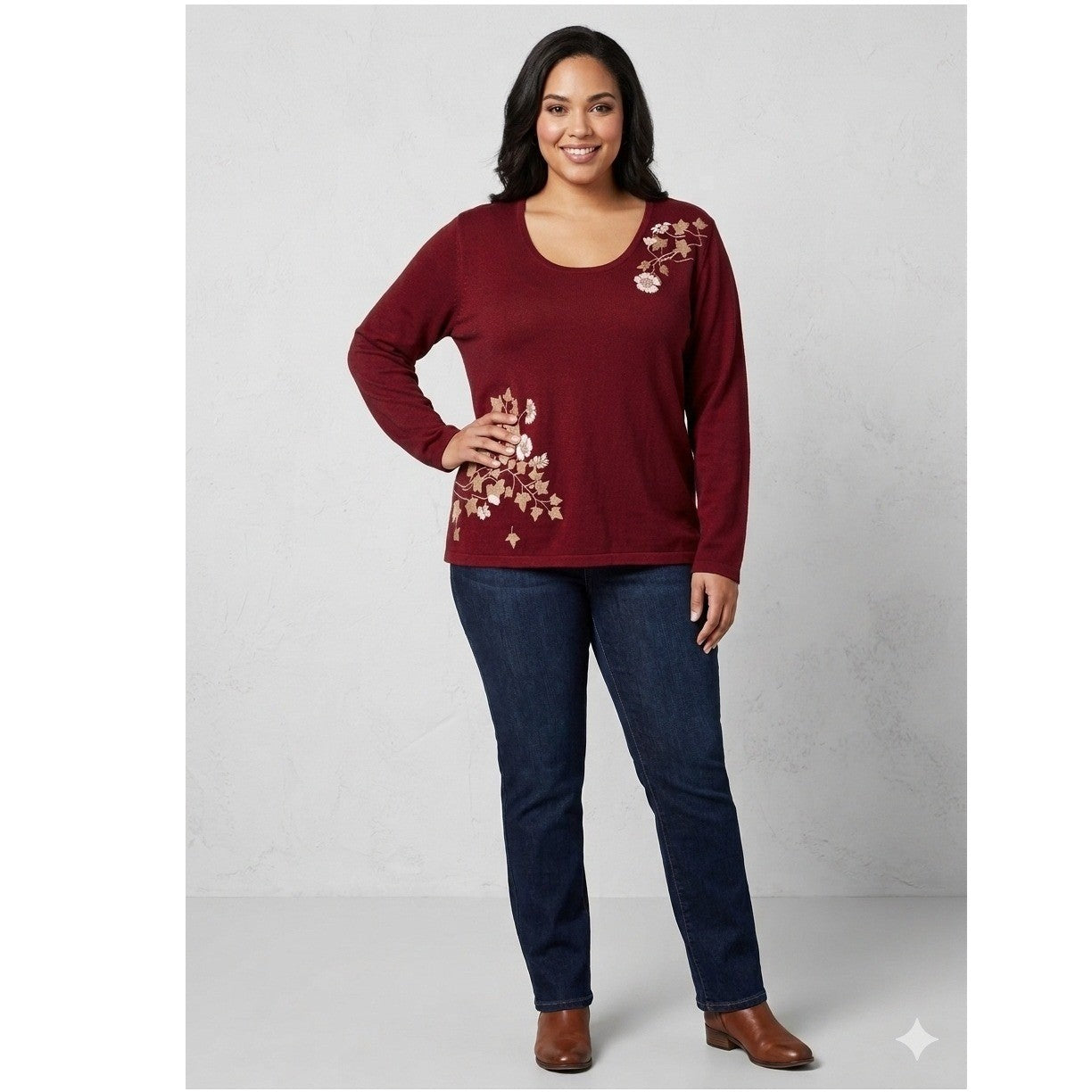 Lane Bryant Sweater Knit top Plus Size 18/20 18 20 Red Maroon Floral Embroidered