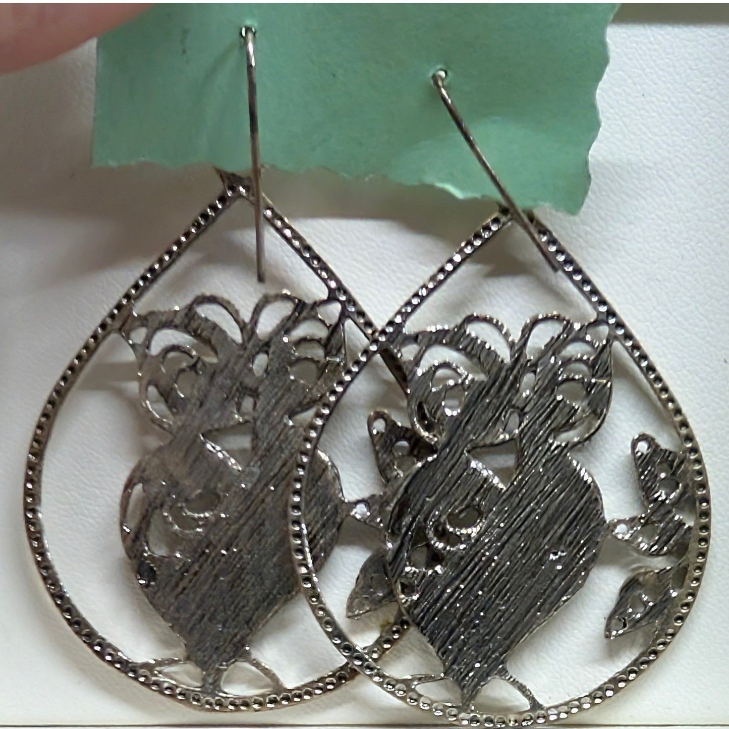 Vintage Owl Filigree Teardrop Dangle Earrings Birds Silver Tone Whimsical
