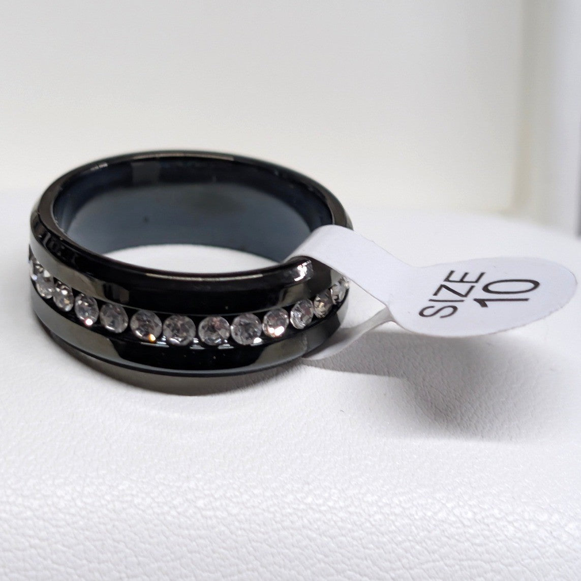 NEW Crystal Eternity Ring PLus Size 10 Black Band Clear Rhinestones Wedding Gift