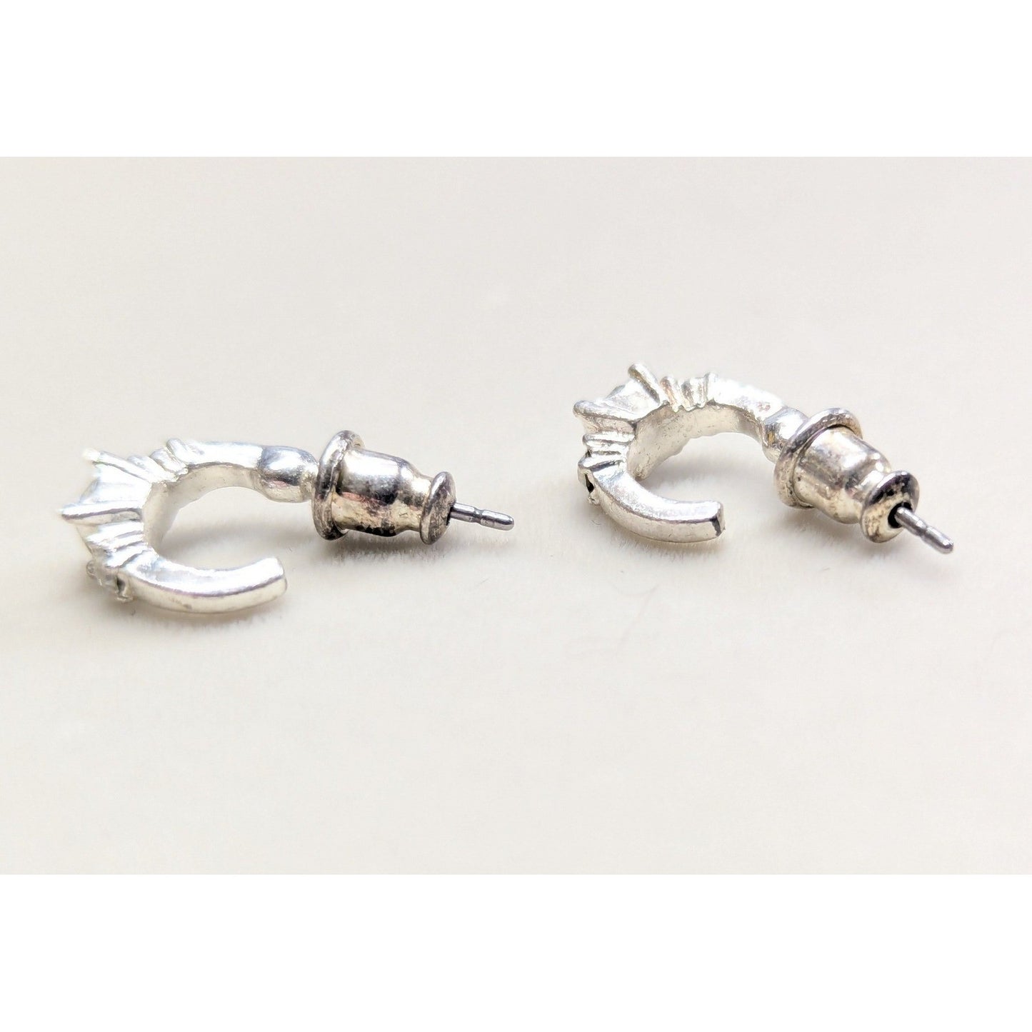 Vintage AB Crystal J Hoop Earrings Small Silver Tone Iridescent Rhinestones