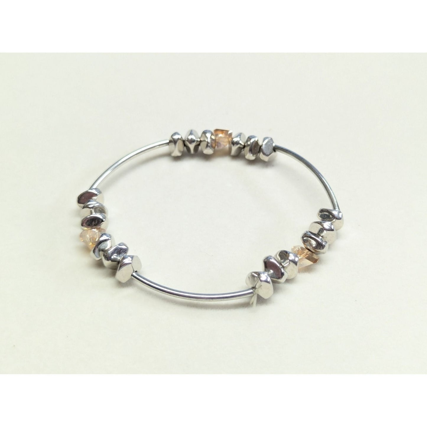 New Bangle Stretch Bracelet Silver Tone Amber Crystal Nugget Modernist Bead