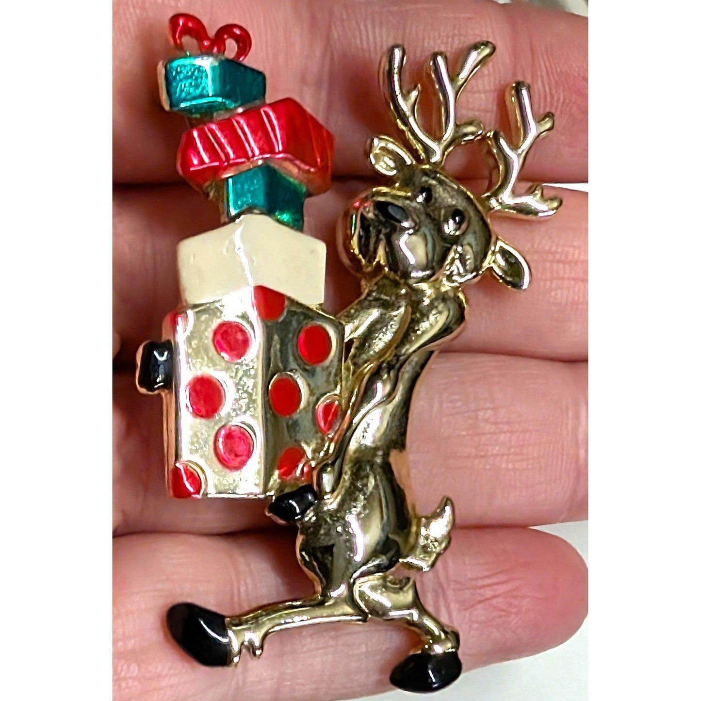 Vintage Danecraft Reindeer Gifts Brooch Pin Goldtone Red Green Enamel Holiday