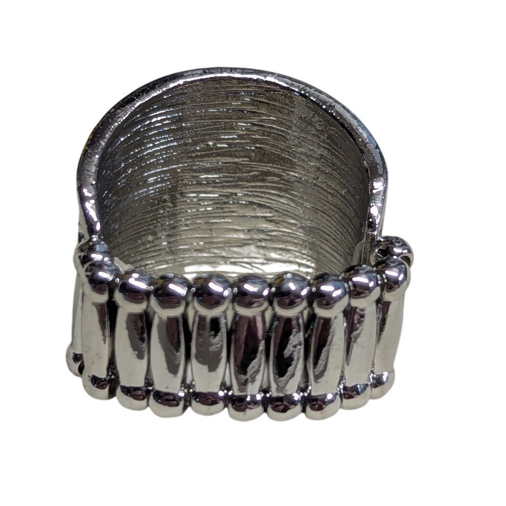 New Wide Band Clear Rhinestone Ring Silver Tone Ribbed Statement Noodle Cocktail