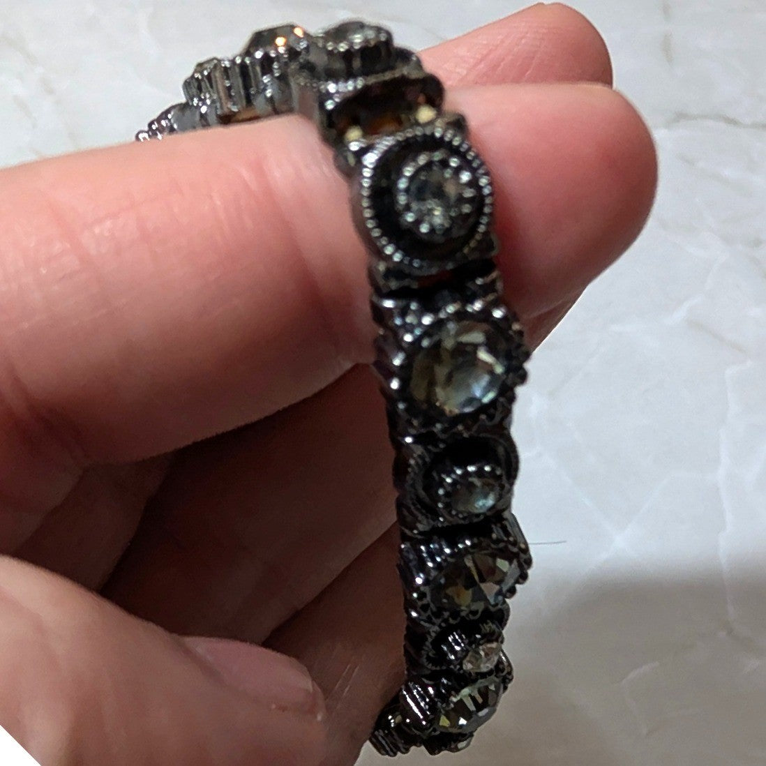 New Stretch Bracelet Gunmetal Gray Round Rhinestones Rainbow Sparkle Gothic Glam