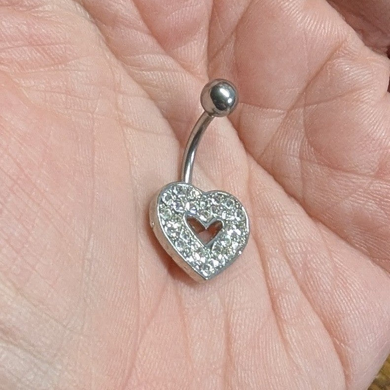 Heart Belly Button Ring SilverTone Clear Rhinestones Curved Barbell Navel
