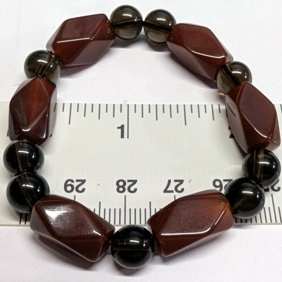 New Carnelian Smoky Quartz Beaded Stretch Bracelet Brown Red Geometric Beads