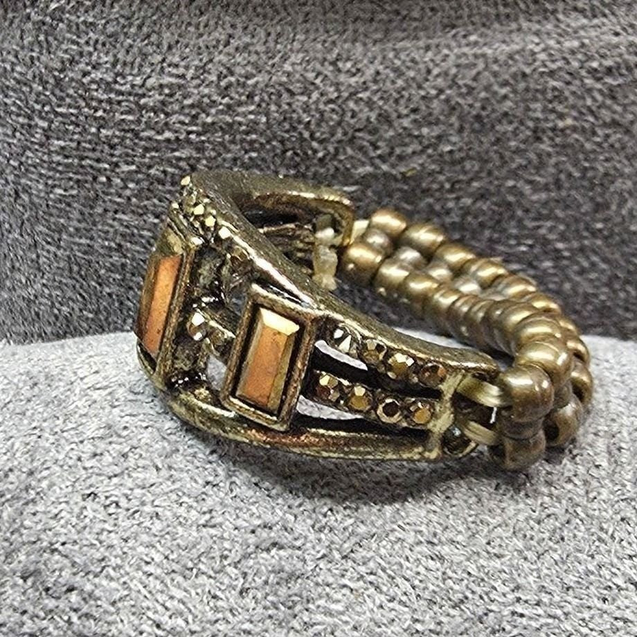 New Statement Stretch Band Ring Brass Smoky Topaz Color Rhinestones Multibar