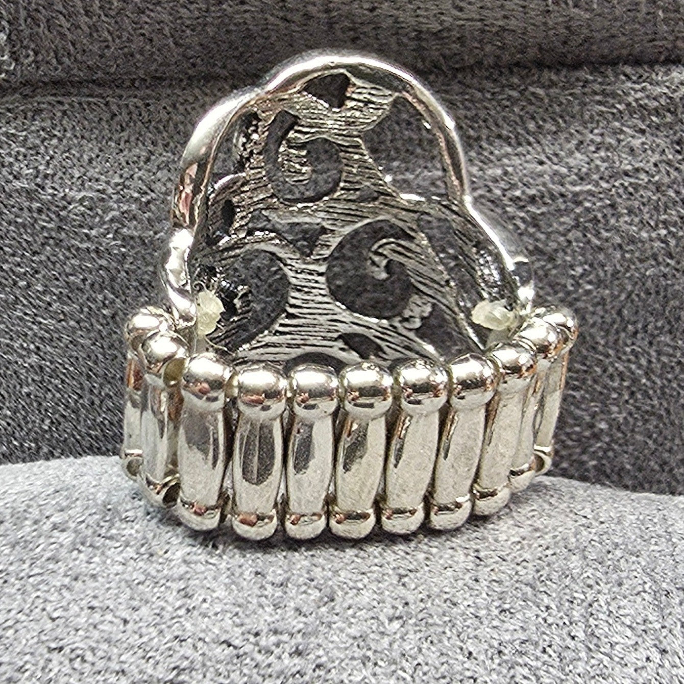 New Filigree Swirl Ring SilverTone Green Rhinestones Stretch Band Boho August