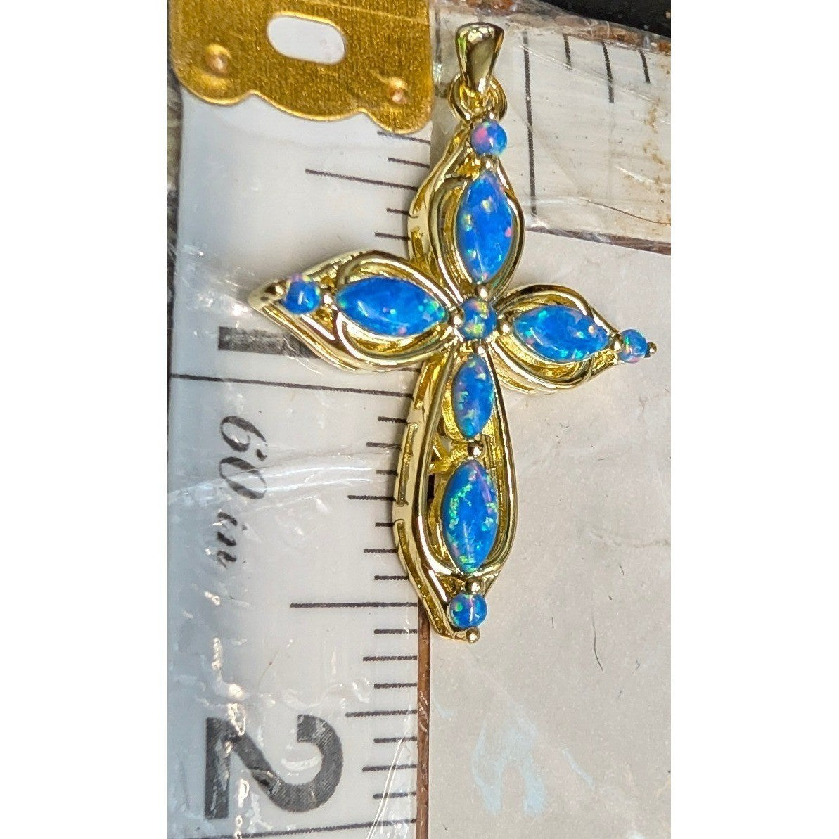 Blue Fire Lab Opal Cross Pendant 1.5 Inch 14K GP Gold PLated Marquise Filigree