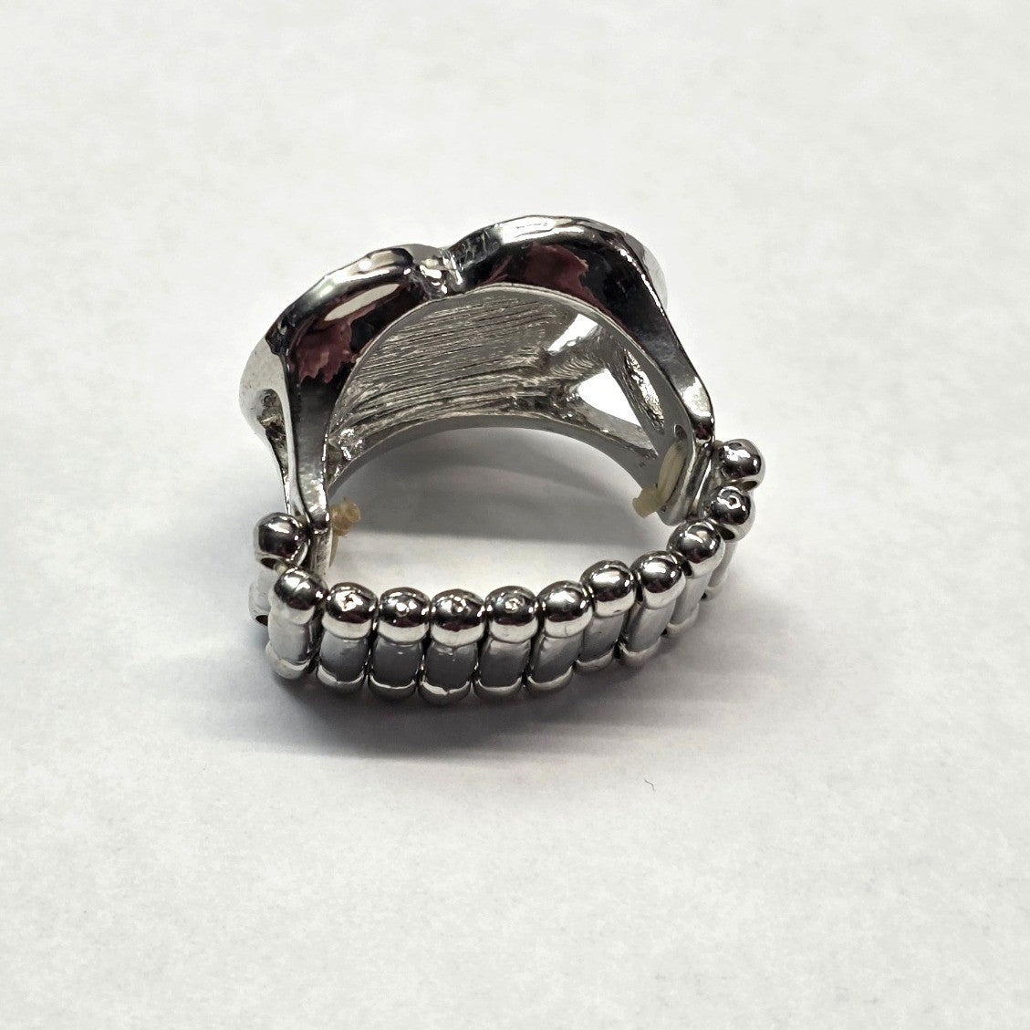 New Heart Ring Silver Tone Cat Eye Moonstone Rhinestone Stretch Band PLus Size