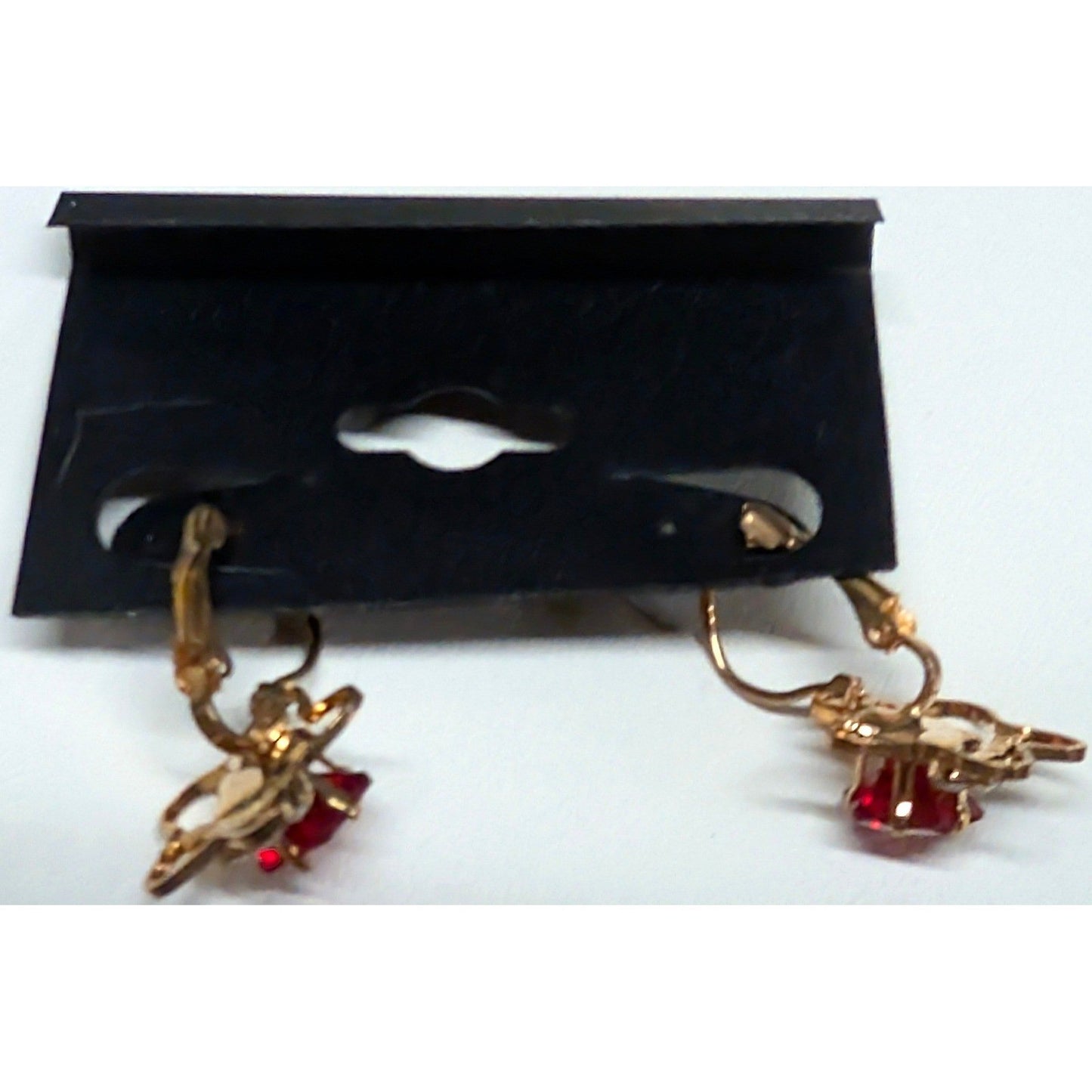 New Vintage Red Clear Rhinestone Star Dangle Drop Earrings Gold Tone Leverback