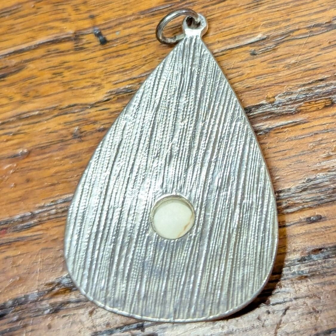 NOS Vtg Teardrop Pendant Silver Tone 1.75" Cream Scrollwork Southwestern Boho