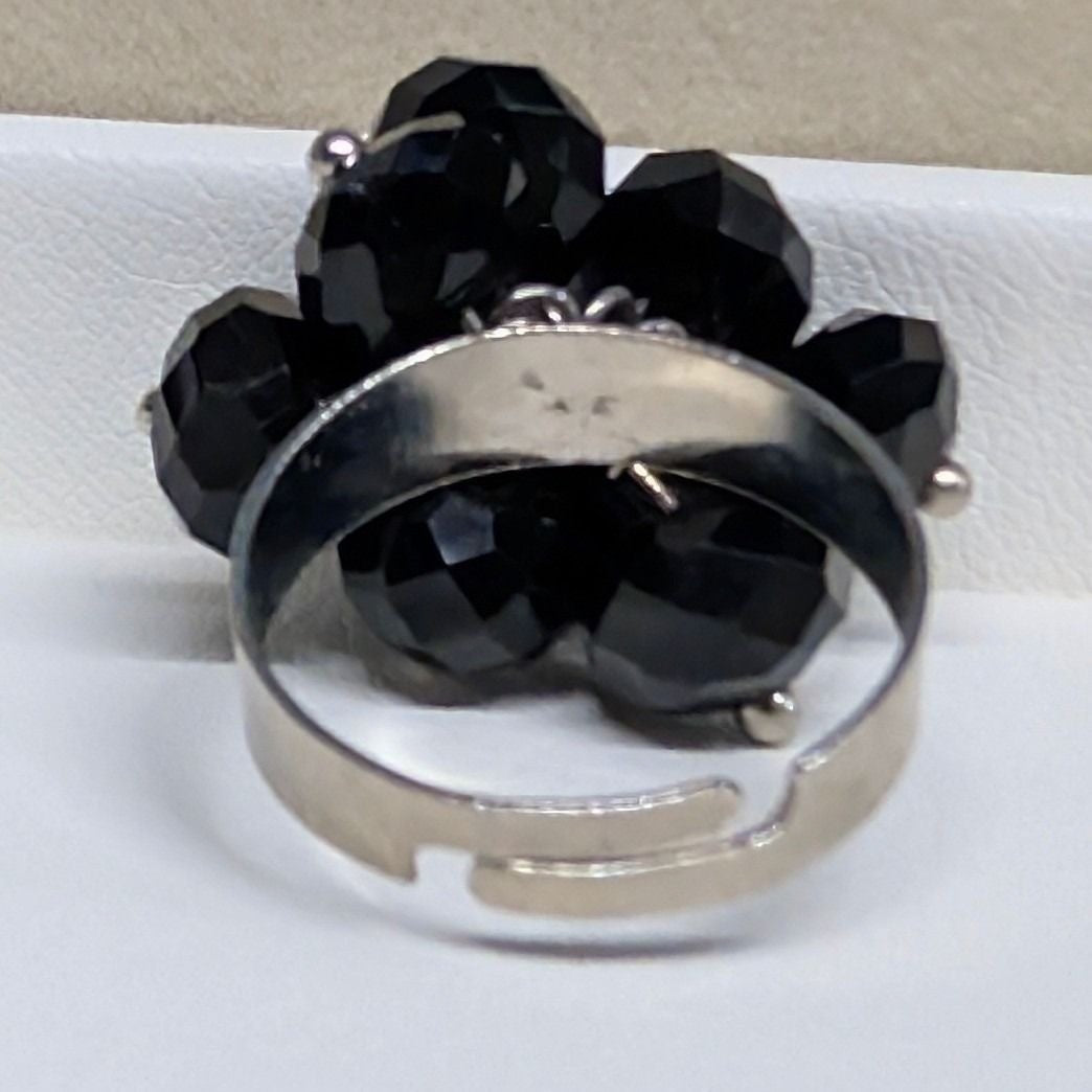 New Black Beaded Cluster Statement Ring Adjustable Faceted Silver Tone Cha Cha
