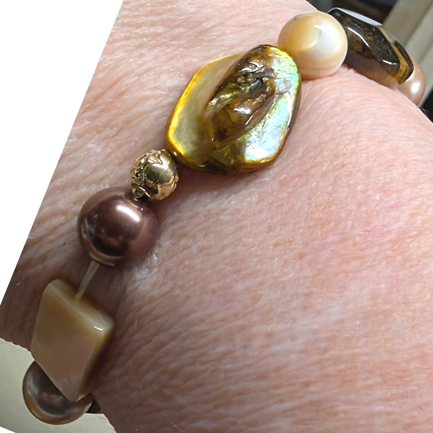 Vintage Tiger Eye Mother of Pearl Stretch Bracelet Brown Earthy Beaded Beads