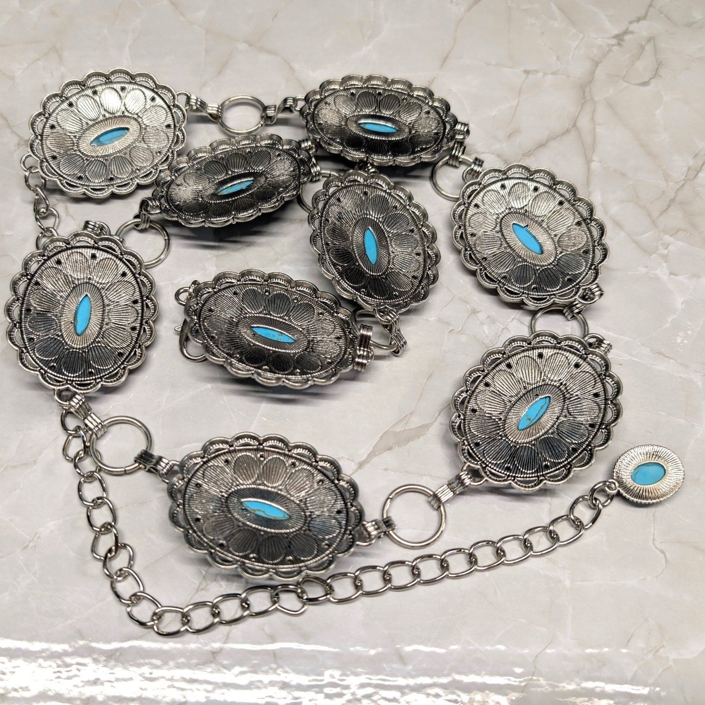 New 46" Western Concho Chain Belt Silver Tone Faux Turquoise Stone Oval Filigree