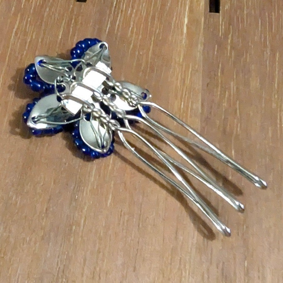 Vintage Cobalt Blue Glass Beads Beaded Flower Hair Comb SilverTone Floral Flower