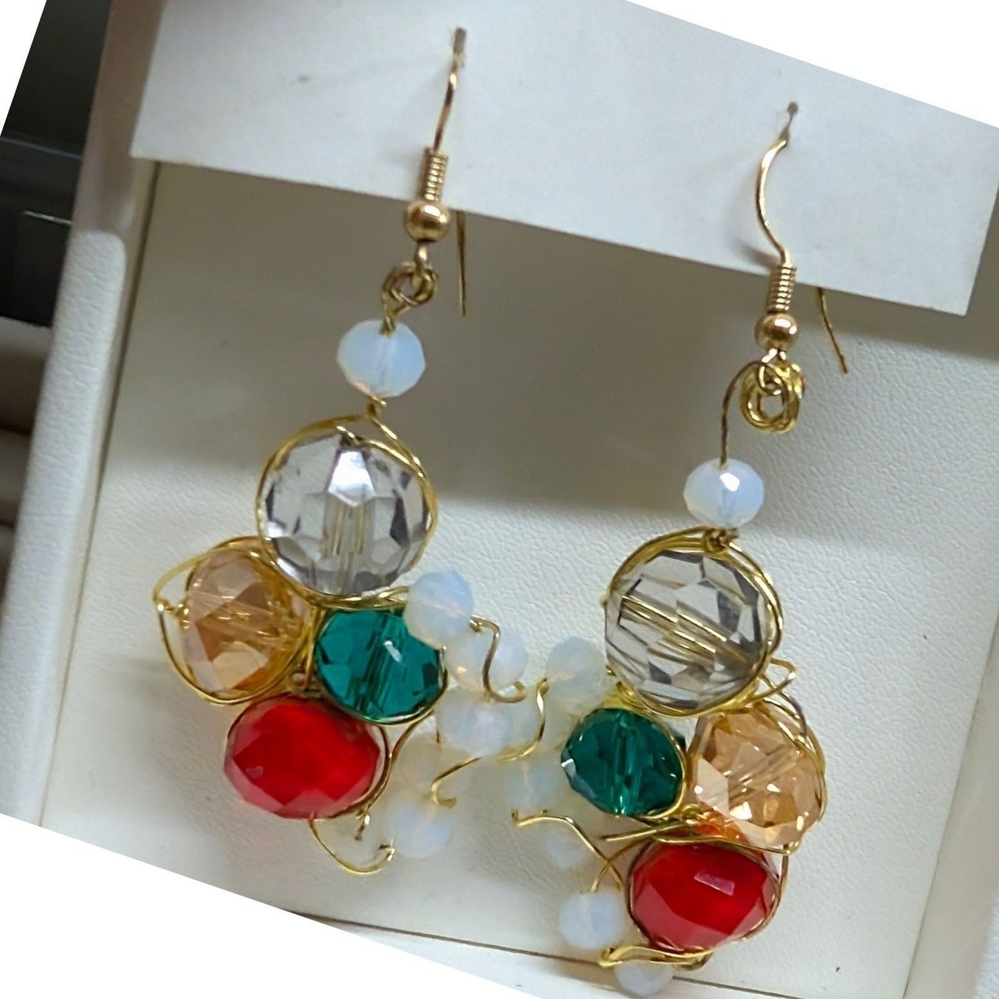 Handmade Multi-Gemstone Beaded Drop Earrings Goldtone Wire Wrap Crystal Glass