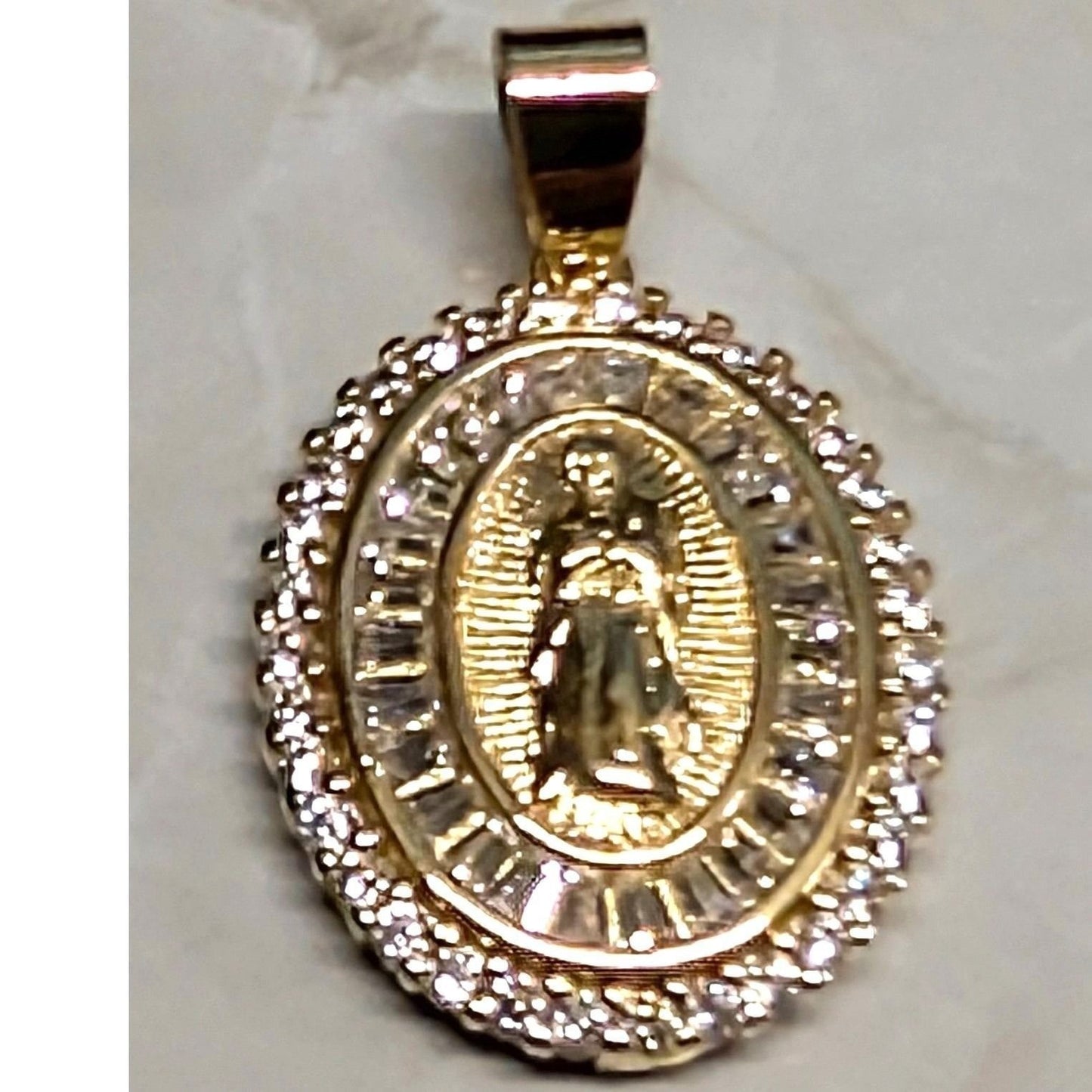 New Virgin Mary Our Lady of Guadalupe Pendant Gold Flashed Clear Rhinestones CZs