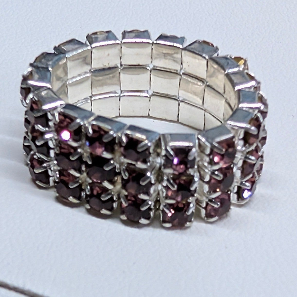 New Triple 3 Row Rhinestones Stretch Ring Pink Purple SilverTone Band Barbiecore