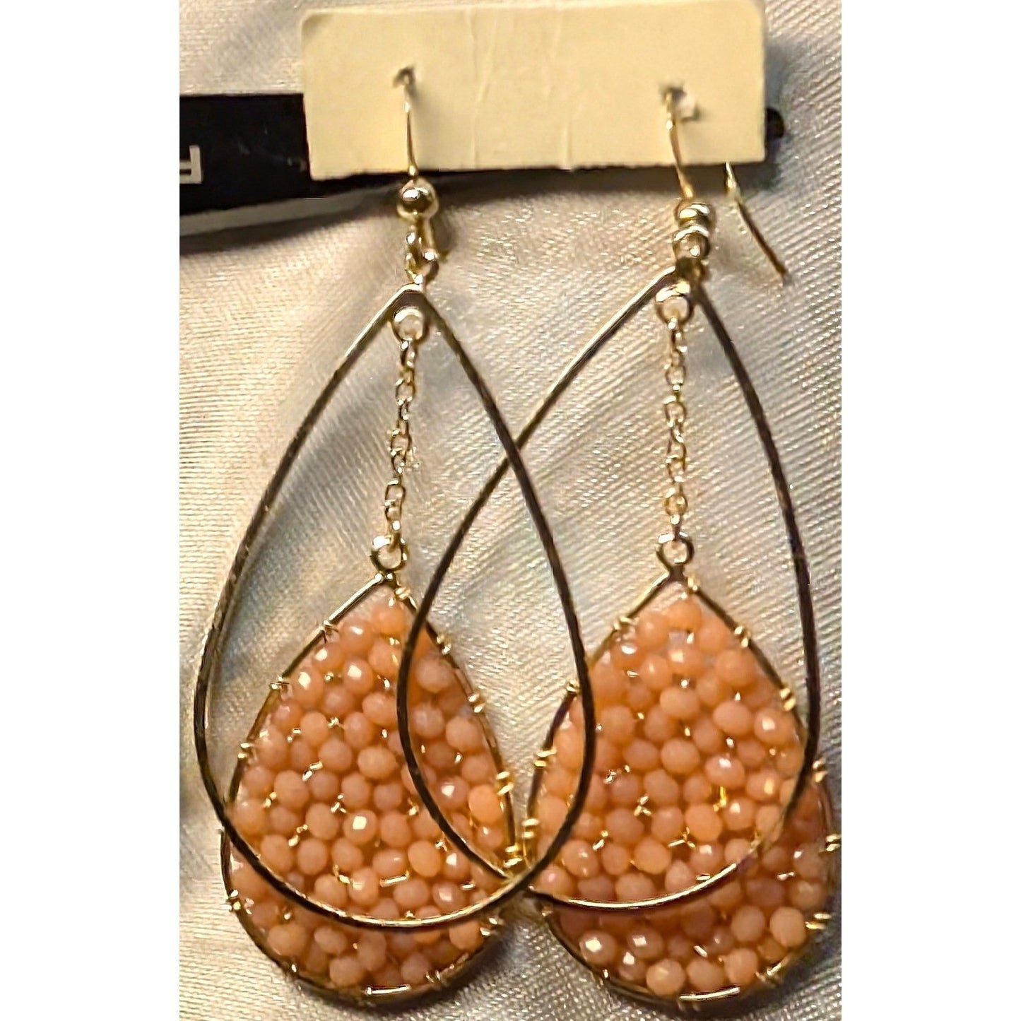 Vintage Double Teardrop Earrings Cold Beads Peach Gold Tone Beaded Dangle Drop