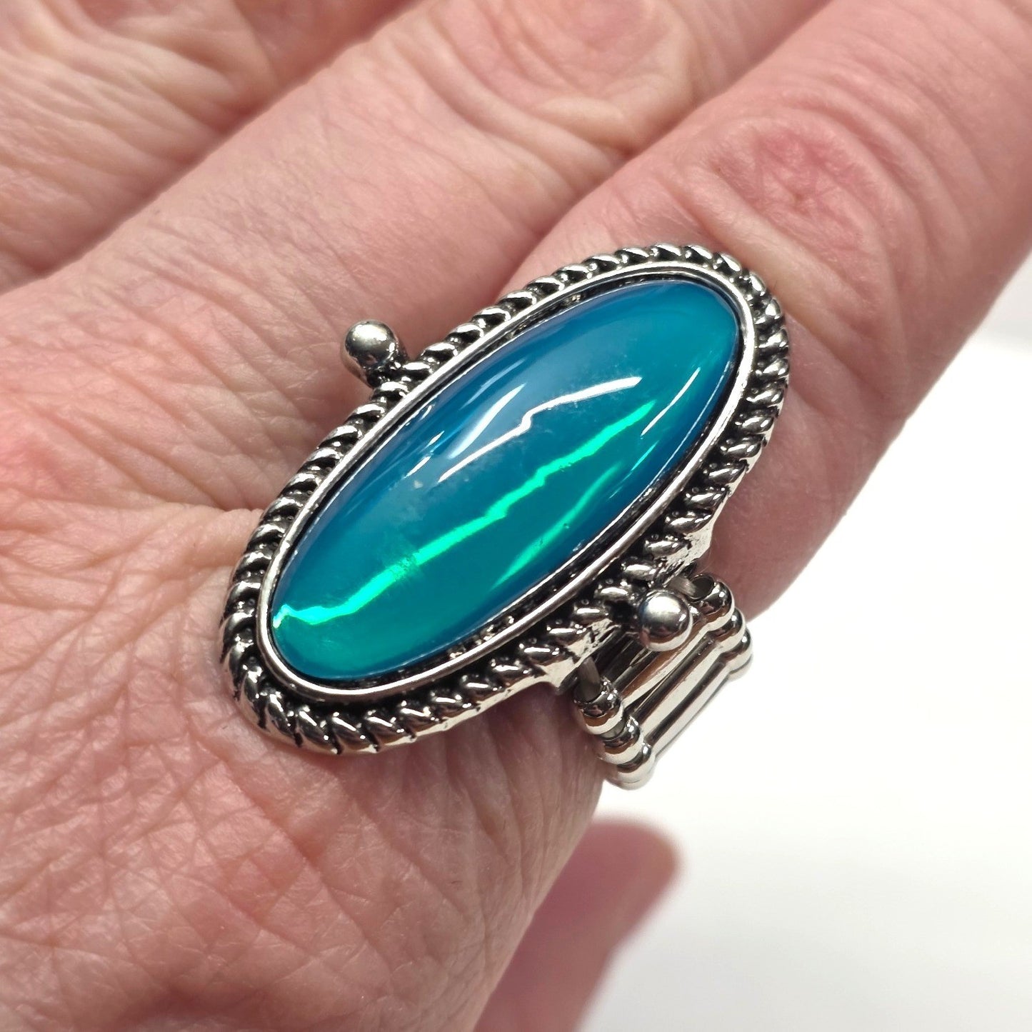 New Blue Green Moonstone 1.5" Oval Ring Plus Size Blue Silver Tone Stretchy Band