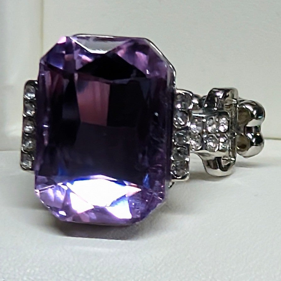 New Purple Emerald Cut Chunky Clear Rhinestone Statement Ring SilverTone Stretch