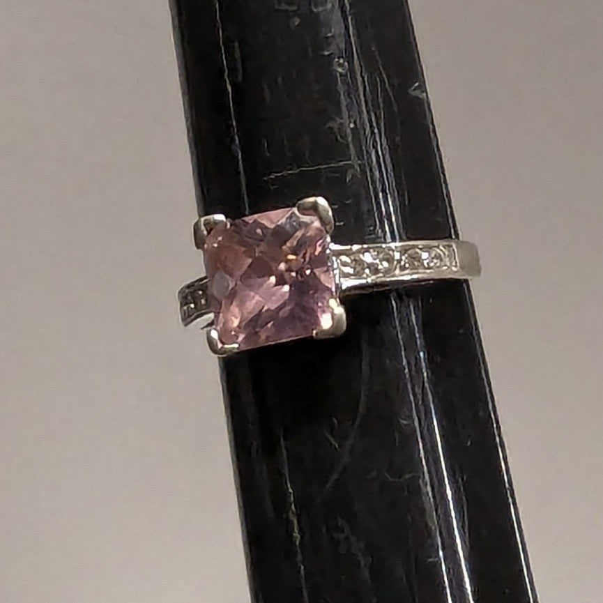 Sterling Silver 925 Pink Stone Ring Size 6.5 Square Cut Faceted Clear Rhinestone