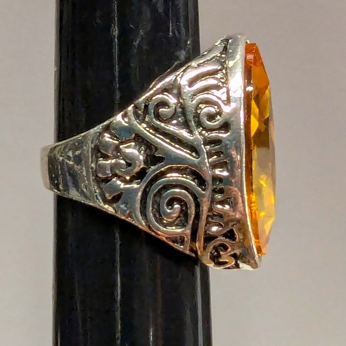 SilverTone Marquise Faceted Yellow Citrine November Statement Ring Plus Size 11