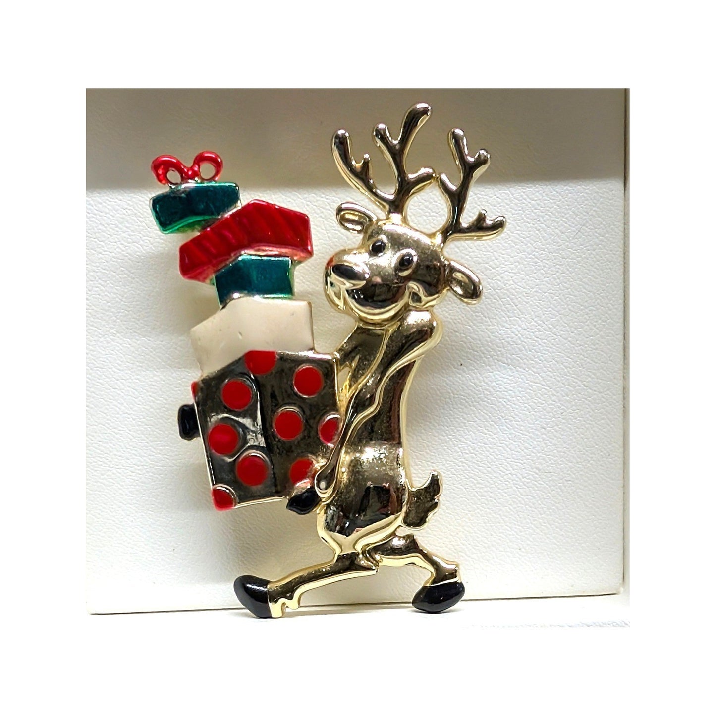 Vintage Danecraft Reindeer Gifts Brooch Pin Goldtone Red Green Enamel Holiday