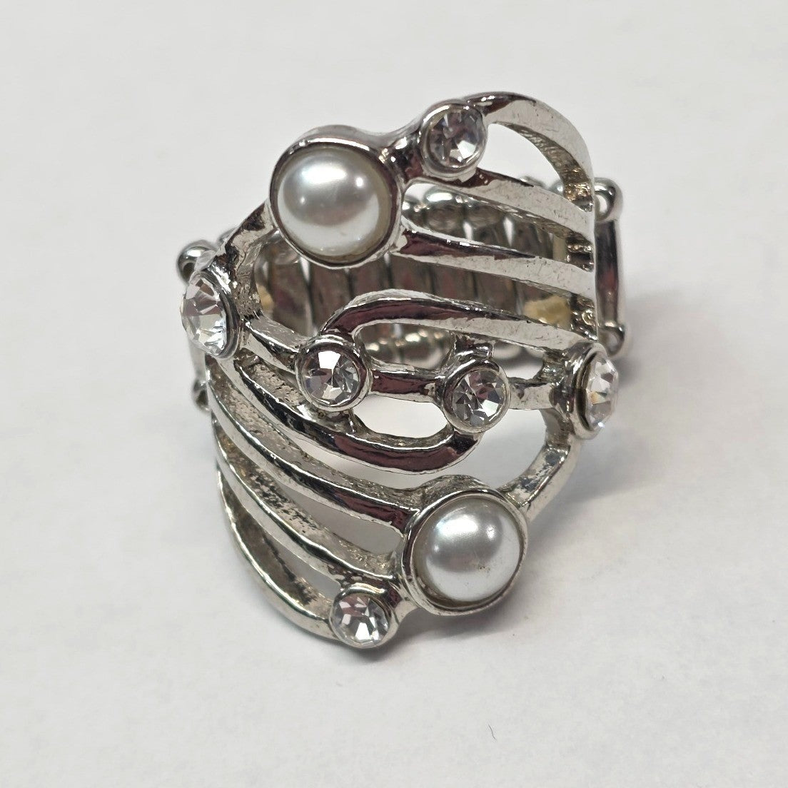 New Faux Pearl Clear Rhinestone Stretchy Ring Plus Size Silver Tone Swirl Design