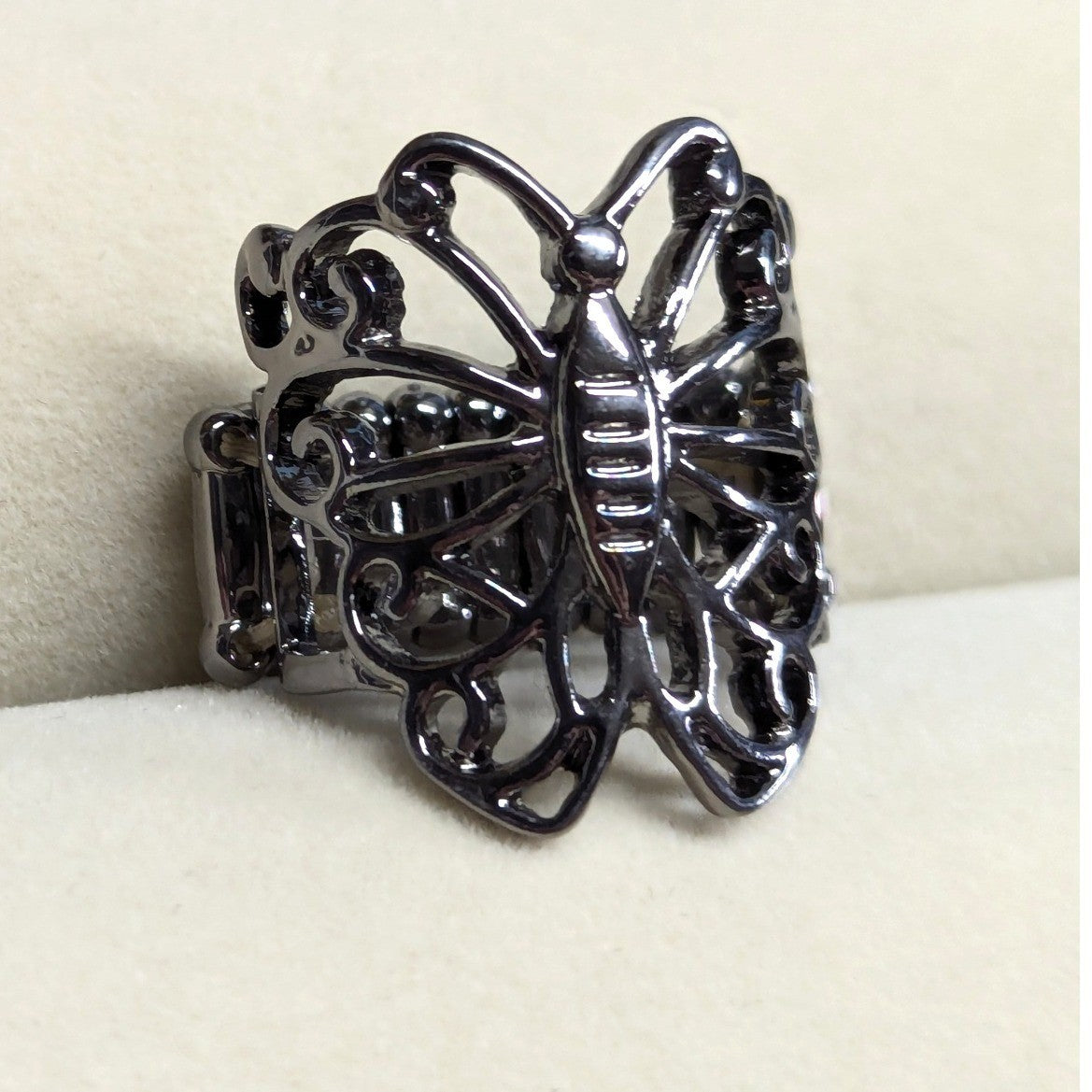 New Butterfly Ring Gunmetal Ornate Filigree Stretch Band Lover Gift Jewelry