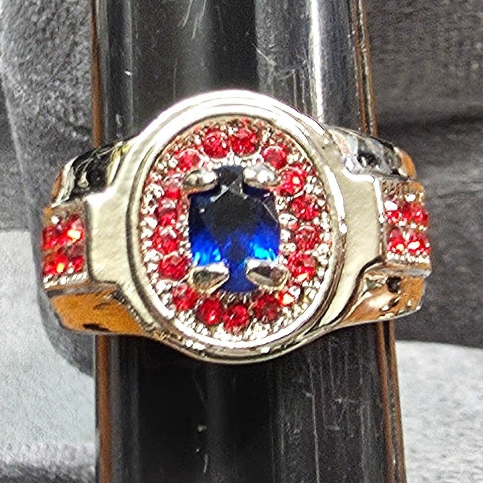New Statement Signet Ring Size 8 Silver Tone Red Blue Rhinestones Pave Patriotic