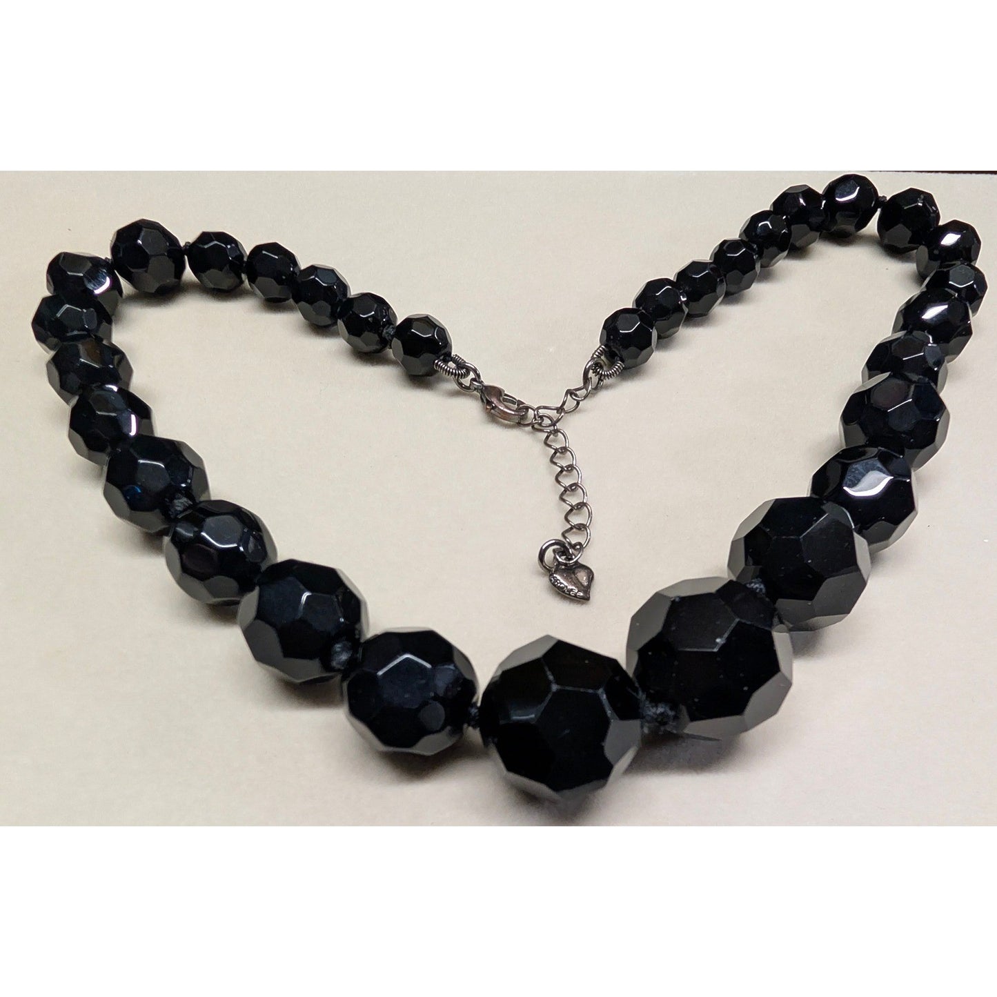 Vtg Glass Beaded Statement Necklace Black Faceted Graduated Chunky Goth Heavy
