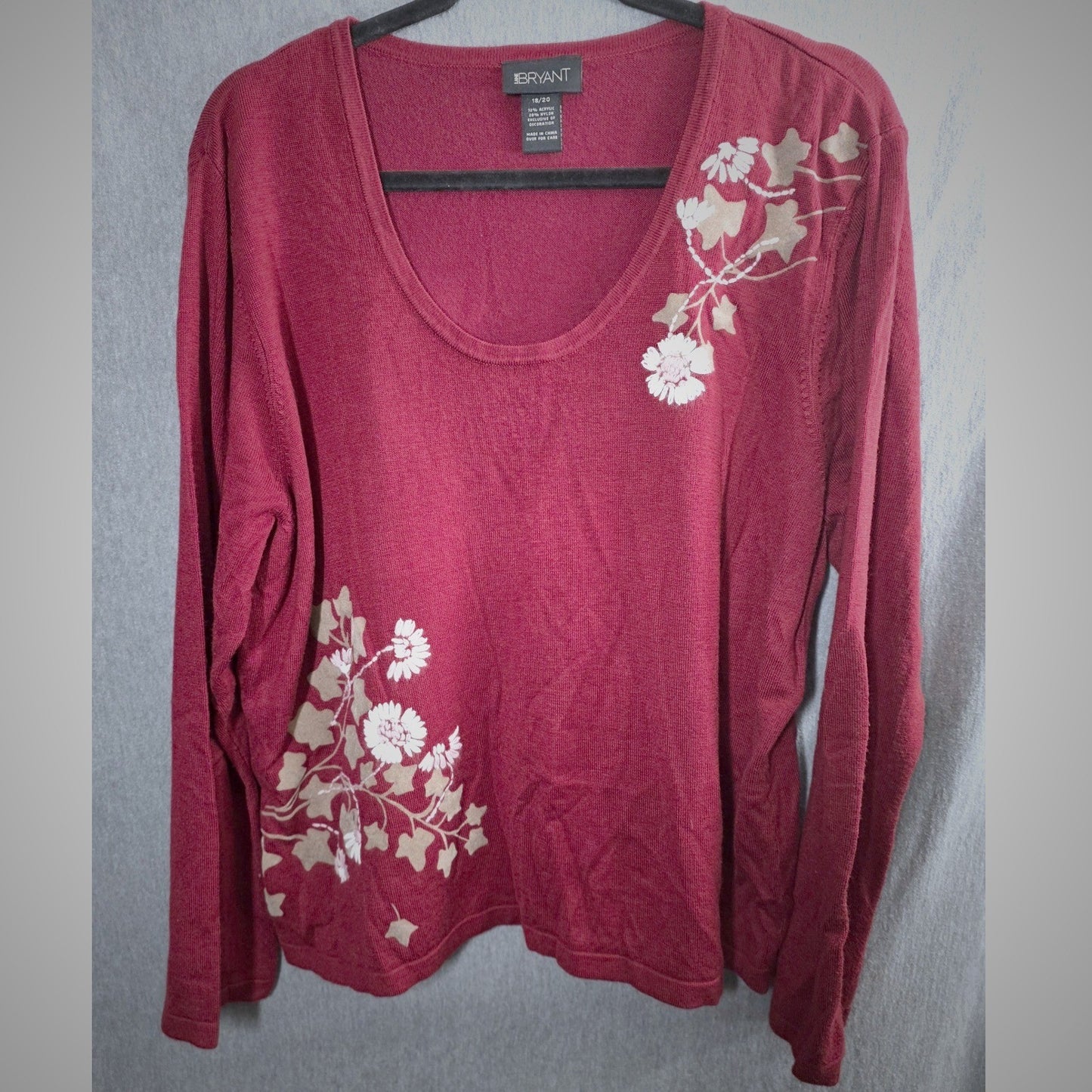 Lane Bryant Sweater Knit top Plus Size 18/20 18 20 Red Maroon Floral Embroidered