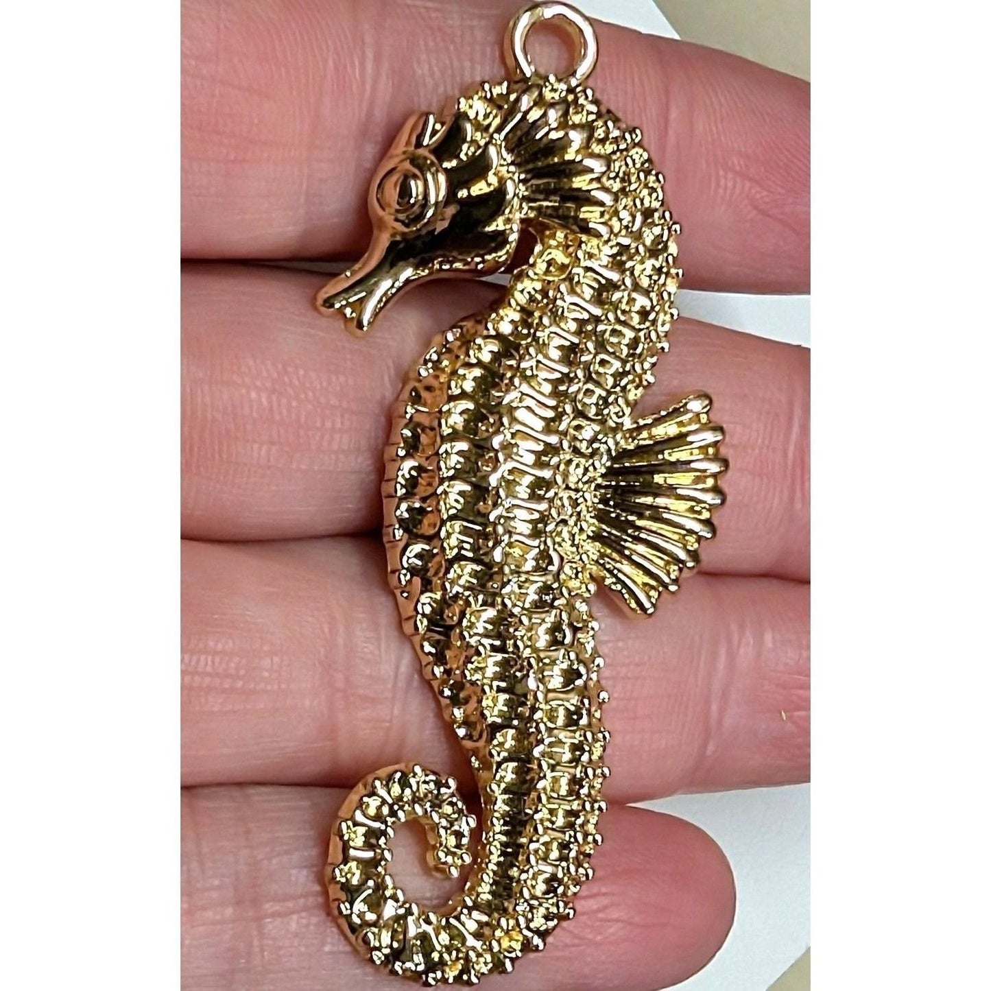 New Big 2.5" Seahorse Pendant Charm Gold Tone Textured Nautical Beach Jewelry