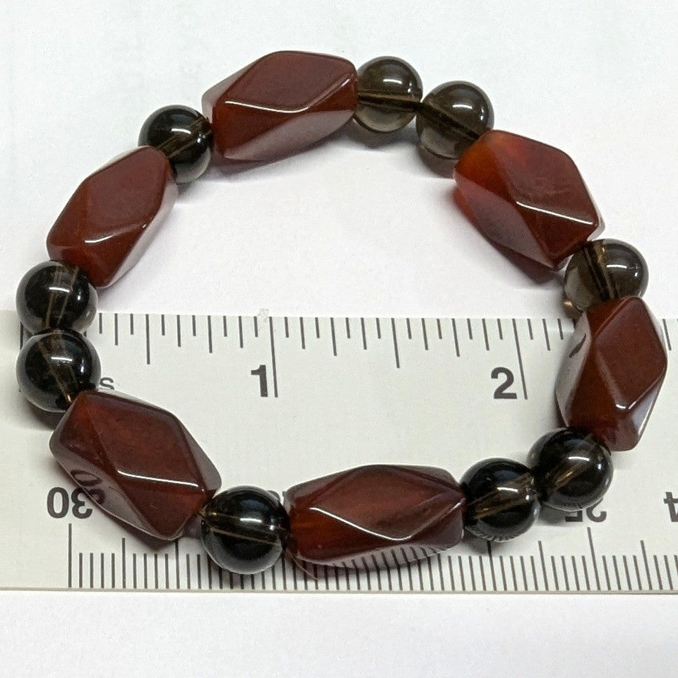 New Carnelian Smoky Quartz Beaded Stretch Bracelet Brown Red Geometric Beads