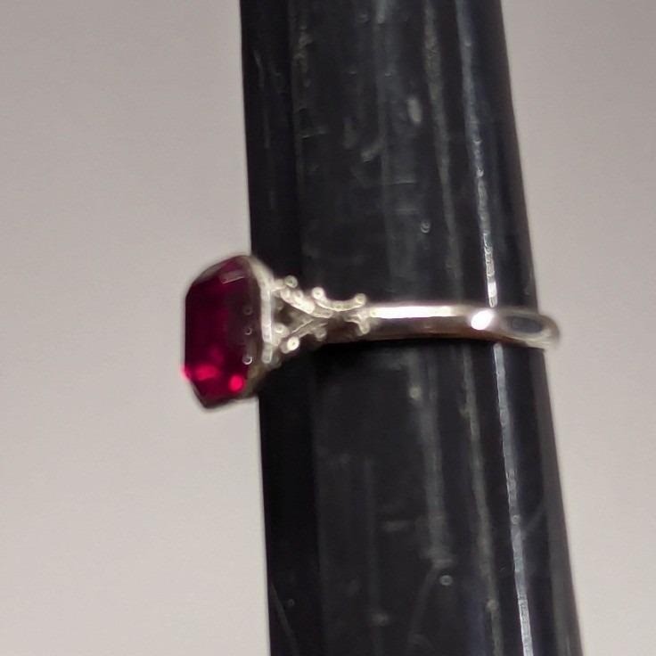Vintage Uncas Faux Ruby Red Emerald Cut Ring Adjustable Silver Tone Filigree
